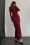 Bordo Uzun Bel Toka Detaylı Elbise