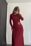Bordo Uzun Bel Toka Detaylı Elbise
