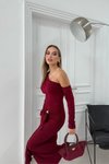 Bordo Uzun Tek Omuz Büzgülü Bel Aksesuar Detaylı Elbise