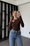 Kahverengi Basic Parmak Geçmeli Bluz