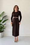 Kahverengi Midi Krep Kumaş Aksesuar Detaylı Elbise