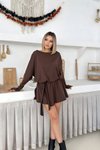 Kahverengi Mini Kayık Yaka Bel Bağlamalı İçi Şortlu Elbise