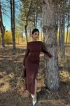 Long Cowl-Neck Low-Cut Back Slit Dress - Brown