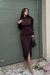 Kahverengi Uzun Bisiklet Yaka Bel Aksesuar Detay Elbise