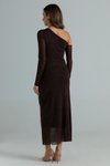 Kahverengi Uzun Tül Tek Omuz Taşlı Abiye Elbise