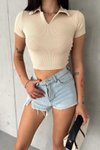 Krem Kısa Kollu Crop Polo Yaka Bluz