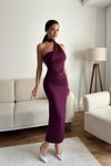 Long Draped Scarf Neck Detail Evening Dress - Plum