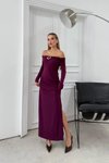 Long Off-the-Shoulder Slit Accessory-Detail Evening Dress - Plum