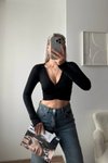 Crop Scuba Crossover Neck Blouse - Black