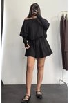 Siyah Mini Kayık Yaka Bağlamalı Eteği Şortlu Elbise
