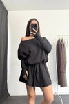 Siyah Mini Kayık Yaka Bağlamalı Eteği Şortlu Elbise