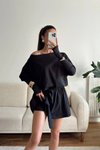 Siyah Mini Kayık Yaka Şortlu Pileli Elbise
