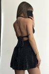 Siyah Mini Simli Sırt Dekolteli Abiye Elbise