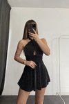 Siyah Mini Simli Sırt Dekolteli Abiye Elbise