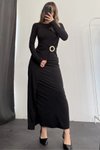 Siyah Uzun Bel Toka Detaylı Elbise
