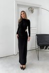 Long Sandy Draped Waist-Accessory Detail Dress - Black
