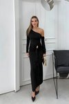 Long Ruched One-Shoulder Evening Dress with Accessory Detail - Black