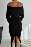 Siyah Uzun Triko Madonna Yaka Arkası Yırtmaçlı Elbise