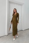 Long Pencil Textured V-Neck Reverse-Stitch Dress - Green