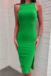 Yeşil Kalem Midi Yırtmaçlı Elbise
