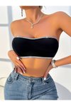 Siyah Askısız Crop Simli Çarpraz Lastikli Büstiyer