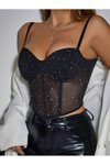 Siyah Simli Cuplu Askılı Crop Bluz