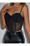 Siyah Simli Cuplu Askılı Crop Bluz