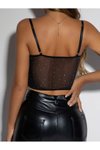 Siyah Simli Cuplu Askılı Crop Bluz