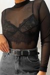 Siyah Tül Transparan Seksi Tek Parça Bodysuit