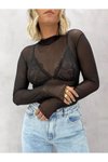 Siyah Tül Transparan Seksi Tek Parça Bodysuit