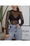 Siyah Tül Transparan Seksi Tek Parça Bodysuit