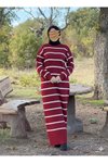 Bordo Çizgili Triko Tesettür Elbise