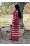 Bordo Çizgili Triko Tesettür Elbise