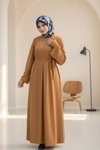 Camel Örme Kaplama Düğmeli Kolluklu Tesettür Elbise