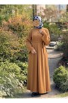 Camel Örme Kaplama Düğmeli Kolluklu Tesettür Elbise