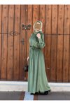 Haki Kadife Büzgü Yaka Tesettür Elbise