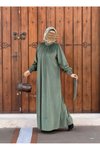 Haki Kadife Büzgü Yaka Tesettür Elbise