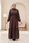 Wrap Knitted Side-Button Modest Dress - Brown