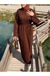 Kahve Uzun Kol Otantik Triko İçlikli Tesettür Elbise