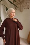 Kahverengi Örme Yandan Büzgülü Tesettür Elbise