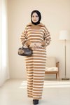 Modest Striped Knit Zipped-Neck Dress - Camel