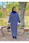 Lacivert Çizgili Triko Fermuar Yakalı Tesettür Elbise