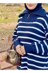 Lacivert Çizgili Triko Fermuar Yakalı Tesettür Elbise