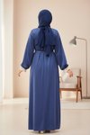 Lacivert Kadife Garnili Tesettür Elbise