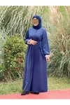 Lacivert Kadife Garnili Tesettür Elbise