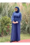 Lacivert Kadife Garnili Tesettür Elbise