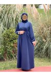 Lacivert Kadife Garnili Tesettür Elbise
