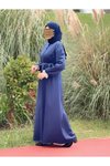 Lacivert Kadife Garnili Tesettür Elbise