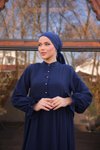 Lacivert Katlı Yarım Patlı Tesettür Elbise