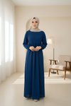 Lacivert Örme Yarım Pat Düğmeli Tesettür Elbise